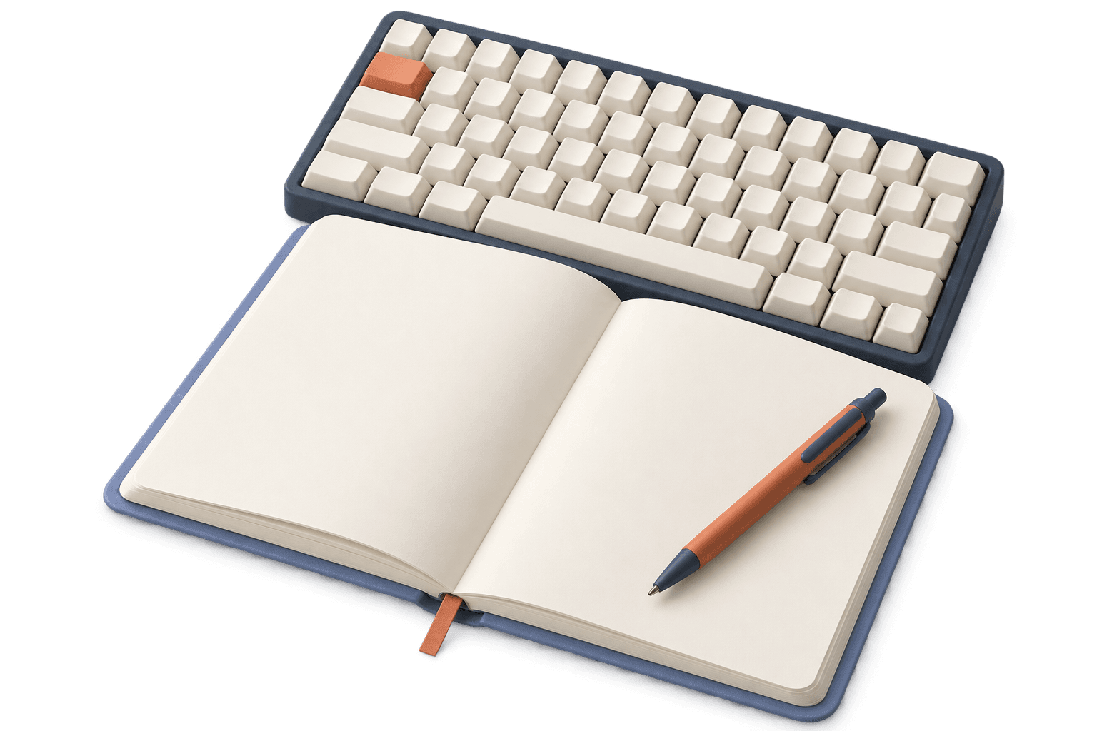 A keyboard, open notebook, and pen arranged on a desk
